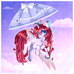 Size: 2000x2000 | Tagged: safe, artist:_spacemonkeyz_, imported from derpibooru, oc, oc only, oc:nokori, alicorn, bell, bell choker, bow, choker, hair bow, parasol (umbrella), passepartout, solo