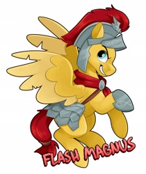 Size: 1719x2048 | Tagged: safe, artist:luximus17, imported from derpibooru, flash magnus, pegasus, pony, armor, armor skirt, clothes, helmet, male, simple background, skirt, smiling, smirk, solo, spread wings, stallion, white background, wings