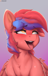 Size: 2215x3486 | Tagged: safe, artist:drawalaverr, imported from derpibooru, oc, oc only, oc:ivory flare, pegasus, pony, unicorn, ahegao, blushing, bust, commission, drool, drool string, female, gradient background, horn, looking up, mare, one ear down, open mouth, pegasus oc, portrait, silly, silly face, silly pony, solo, tongue out, unicorn oc, wings, ych result