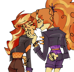 Size: 1000x979 | Tagged: safe, artist:jzdog_0205, imported from derpibooru, adagio dazzle, sunset shimmer, human, equestria girls, angry, duo, duo female, female, hand on face, lesbian, lidded eyes, looking at each other, looking at someone, ponytail, shipping, simple background, smiling, sunsagio, white background