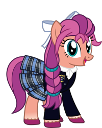 Size: 1870x2334 | Tagged: safe, artist:sketchmcreations, imported from derpibooru, sunny starscout, earth pony, pony, bow, clothes, cute, female, g5, g5 to g4, generation leap, hair bow, mare, open mouth, open smile, pleated skirt, reference, school uniform, simple background, skirt, smiling, solo, sunnybetes, the suite life of zack and cody, transparent background, vector, voice actor joke