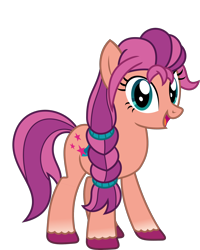 Size: 1870x2334 | Tagged: safe, alternate version, artist:sketchmcreations, imported from derpibooru, sunny starscout, earth pony, pony, braid, braided ponytail, female, g5, g5 to g4, generation leap, mare, open mouth, open smile, ponytail, scrunchie, simple background, smiling, solo, transparent background, unshorn fetlocks, vector