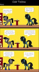 Size: 1920x3516 | Tagged: safe, artist:techno-babble, imported from derpibooru, oc, oc only, oc:azure dusk, oc:techno babble, earth pony, pony, unicorn, comic:club techno, series:technoverse, 3 panel comic, 3d, comic, duo, duo male and female, female, horn, male, mare, slice of life, speech bubble, stallion