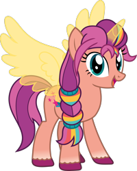 Size: 1870x2334 | Tagged: safe, alternate version, artist:sketchmcreations, imported from derpibooru, sunny starscout, alicorn, earth pony, pony, artificial horn, artificial wings, augmented, braid, braided ponytail, female, g5, g5 to g4, generation leap, horn, magic, magic horn, magic wings, mane stripe sunny, mare, open mouth, open smile, ponytail, race swap, scrunchie, simple background, smiling, solo, sunnycorn, transparent background, unshorn fetlocks, vector, wings