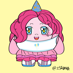 Size: 1080x1080 | Tagged: safe, artist:土笋冻线条, imported from derpibooru, pinkie pie, human, equestria girls, eggy party, simple background, solo, yellow background