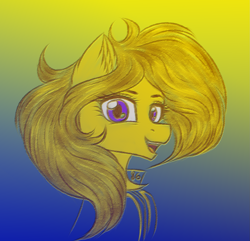 Size: 1725x1660 | Tagged: safe, artist:darklight1315, imported from derpibooru, oc, oc only, oc:sunflower scream, earth pony, pony, fallout equestria, blonde mane, brown eyelashes, clothes, colored eyelashes, ear fluff, earth pony oc, fallout equestria: mayday, gradient background, jumpsuit, looking at you, open mouth, open smile, purple eyes, signature, smiling, smiling at you, solo, stable 86, vault suit, yellow coat