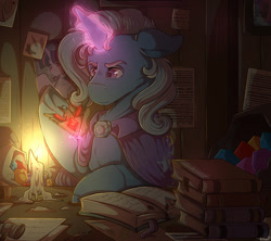 Size: 1416x1258 | Tagged: safe, artist:binibean, imported from derpibooru, trixie, twilight sparkle, alicorn, pony, unicorn, alicorn amulet, book, brooch, bust, candle, cape, clothes, colored eyebrows, colored pupils, dark, female, gem, glowing, glowing horn, hatless, horn, indoors, jewelry, levitation, magic, mare, missing accessory, narrowed eyes, open book, paper, photo, purple pupils, solo, telekinesis, trixie's brooch, trixie's cape, twilight sparkle (alicorn)