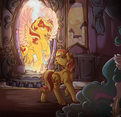 Size: 1100x1064 | Tagged: safe, artist:binibean, idw, imported from derpibooru, princess celestia, sunset shimmer, alicorn, pony, unicorn, spoiler:comicannual2013, alicornified, comic interpretation, detailed background, duo, duo female, female, horn, looking at something, magic mirror, mare, offscreen character, race swap, reflection, scene interpretation, shimmercorn, speedpaint available, spread wings, wings