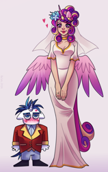 Size: 2310x3650 | Tagged: safe, artist:p3lya, imported from derpibooru, princess cadance, shining armor, anthro, human, unicorn, blushing, breasts, busty princess cadance, cleavage, clothes, dress, duo, duo male and female, female, gradient background, heart, height difference, high res, horn, horned humanization, humanized, interspecies, jewelry, kiss mark, lipstick, male, meme, ring, shiningcadance, shipping, straight, the bride and the ugly ass groom, wedding dress, wedding ring, winged humanization, wings