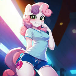 Size: 1536x1536 | Tagged: safe, imported from derpibooru, sweetie belle, anthro, unicorn, adult sweetie belle, ai content, ai generated, blushing, breasts, clothes, generator:pony diffusion v6 xl, generator:stable diffusion, gym, horn, indoors, looking at you, older, older sweetie belle, prompter:funnyglow144, sexy, shirt, shorts, small breasts, smiling, smirk, solo, sports shorts, stupid sexy sweetie belle, t-shirt, tail