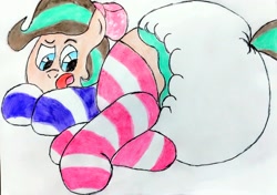 Size: 3254x2287 | Tagged: safe, artist:bitter sweetness, edit, imported from derpibooru, earth pony, horse, abdl, adult foal, blue eyes, bow, clothes, cocoa (wild manes), diaper, diaper butt, diaper edit, diaper fetish, female, fetish, hair bow, looking at you, non-baby in diaper, poofy diaper, simple background, socks, solo, striped socks, traditional art, wild manes