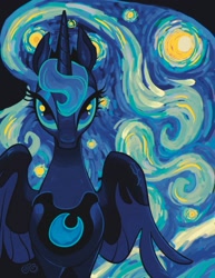 Size: 1583x2048 | Tagged: safe, artist:janegumball, imported from derpibooru, princess luna, alicorn, pony, bust, ethereal mane, female, lidded eyes, looking at you, mare, solo, starry mane, the starry night, vincent van gogh