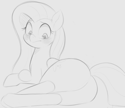 Size: 1348x1165 | Tagged: safe, artist:tre, imported from derpibooru, fluttershy, pegasus, pony, butt, female, flutterbutt, large butt, looking back, lying down, mare, monochrome, on side, plot, sketch, solo, squishy, tail, tail aside, wide hips