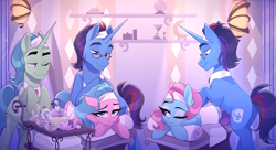 Size: 3477x1886 | Tagged: safe, artist:thewandie, imported from derpibooru, aloe, birch bucket, lotus blossom, oc, oc:marquis majordome, earth pony, pony, unicorn, bipedal, bipedal leaning, butt, clone, commission, continuity, cup, doppelganger, eyes closed, eyeshadow, fangs, female, food, glasses, high res, horn, leaning, lying down, makeup, male, mare, massage, one eye closed, pillow, plot, prone, signature spell, spa, spa twins, spell, stallion, tea, teacup, teapot, towel, trio, unicorn oc, wholesome, wings, ych result