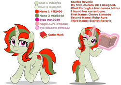 Size: 10000x6982 | Tagged: safe, artist:jhayarr23, imported from derpibooru, oc, oc only, oc:scarlet reverie, pony, unicorn, fallout equestria, bipedal, book, braid, coat markings, commissioner:solar aura, cutie mark, eyeshadow, green coat, horn, magic, magic aura, makeup, one eye closed, one eye open, pink eyes, pink eyeshadow, red text, reference sheet, simple background, socks (coat markings), solo, spots, telekinesis, text, transparent background, two toned mane, unicorn oc, wink