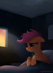 Size: 788x1084 | Tagged: dead source, safe, artist:ruhje, imported from derpibooru, scootaloo, pegasus, pony, bed, crying, female, solo, window