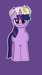 Size: 1080x1920 | Tagged: safe, artist:claynus, imported from derpibooru, twilight sparkle, pony, unicorn, clothes, cosplay, costume, hat, horn, patchouli knowledge, purple background, purple eyes, simple background, solo, touhou, unicorn twilight