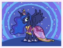 Size: 1799x1376 | Tagged: safe, artist:mariana10990, imported from derpibooru, princess luna, alicorn, pony, my little pony color by magic, budge studios, clothes, dress, female, mare, passepartout, solo, spread wings, wings