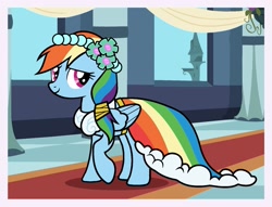 Size: 1673x1278 | Tagged: safe, artist:mariana10990, imported from derpibooru, rainbow dash, pegasus, pony, my little pony color by magic, alternate hairstyle, bridesmaid, bridesmaid dress, budge studios, clothes, dress, floral head wreath, flower, flower in hair, gown, passepartout, royal wedding, solo