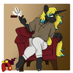 Size: 1200x1200 | Tagged: safe, artist:void-home, imported from derpibooru, oc, oc only, anthro, unguligrade anthro, unicorn, fall of equestria, armchair, black coat, black hooves, chair, clothes, colored eyebrows, colored hooves, commission, couch, eyebrows, eyebrows visible through hair, finger snap, frown, gradient background, hooves, horn, ideal equestria verse, lidded eyes, long horn, long mane, long mane male, male, pants, passepartout, red text, shiny hooves, shirt, sitting, snapping fingers, solo, stallion, tail, text, two toned mane, two toned tail, yellow eyes, yellow mane, yellow tail