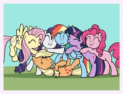 Size: 1778x1363 | Tagged: safe, artist:mariana10990, imported from derpibooru, applejack, fluttershy, pinkie pie, rainbow dash, rarity, twilight sparkle, earth pony, pegasus, pony, unicorn, my little pony color by magic, the return of harmony, budge studios, cute, group hug, hug, lying down, mane six, on back, passepartout, unicorn twilight