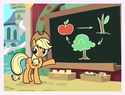 Size: 1783x1362 | Tagged: safe, artist:mariana10990, imported from derpibooru, applejack, earth pony, pony, my little pony color by magic, budge studios, chalkboard, female, mare, passepartout, school of friendship, solo