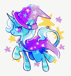 Size: 1838x1953 | Tagged: safe, artist:plushiecore, imported from derpibooru, trixie, pony, unicorn, abstract background, alternate hairstyle, blush scribble, blushing, brooch, cape, clothes, colored horn, colored horntip, ear piercing, earring, eyelashes, female, gradient horn, halftone, hat, horn, jewelry, leg markings, leg stripes, leonine tail, lidded eyes, looking at you, looking back, mare, no pupils, piercing, profile, screentone, side view, signature, smiling, smiling at you, solo, star earring, stars, stripes, strut, tail, trixie's brooch, trixie's cape, trixie's hat