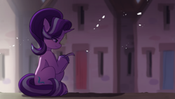 Size: 2500x1406 | Tagged: safe, artist:maren, imported from derpibooru, starlight glimmer, pony, unicorn, bags under eyes, colored hooves, detailed background, eye clipping through hair, eyebrows, eyebrows visible through hair, eyelashes, frown, hoof hold, hooves, horn, lidded eyes, looking at something, our town, purple hooves, sitting, smiling, solo, unshorn fetlocks