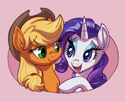 Size: 1188x970 | Tagged: safe, artist:whitediamonds, imported from derpibooru, applejack, rarity, earth pony, pony, unicorn, applejack's hat, commission, cowboy hat, duo, duo female, eyeshadow, female, freckles, hat, horn, lesbian, lidded eyes, looking at each other, looking at someone, makeup, rarijack, shipping, smiling, stetson