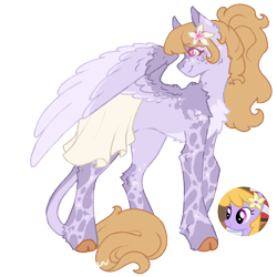 Size: 1000x1000 | Tagged: safe, artist:kazmuun, imported from derpibooru, drizzle, pegasus, pony, alternate design, blaze (coat marking), blonde mane, blonde tail, blush lines, blushing, chest fluff, clothes, cloven hooves, coat markings, colored chest fluff, colored eyelashes, colored hooves, colored pinnae, colored wings, colored wingtips, concave belly, ear fluff, eyebrows, eyebrows visible through hair, facial markings, female, flower, flower in hair, freckles, hock fluff, hooves, leg fluff, leg markings, leonine tail, long legs, long mane, long tail, magenta eyelashes, mare, multicolored wings, orange hooves, partially open wings, pink eyelashes, pink eyes, ponytail, profile, purple coat, purple wingtips, redesign, reference used, shoulder fluff, simple background, skirt, smiling, solo, spots, standing, tail, three toned wings, tied mane, transparent background, wall of tags, wing fluff, wings