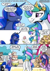 Size: 2171x3070 | Tagged: safe, artist:mysticalpha, imported from derpibooru, princess celestia, princess luna, twilight sparkle, alicorn, pony, comic:day in the lives of the royal sisters, alicorn metabolism, cake, cakelestia, comic, concave belly, cupcake, dessert, digestion without weight gain, eating, female, folded wings, food, pastries, slender, stuffing, thin, trio, trio female, twilight sparkle (alicorn), wheelbarrow, wings