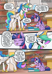 Size: 2171x3070 | Tagged: safe, artist:mysticalpha, imported from derpibooru, princess celestia, twilight sparkle, alicorn, pony, comic:day in the lives of the royal sisters, book, bookshelf, concave belly, duo, duo female, female, height difference, library, slender, thin, twilight sparkle (alicorn)