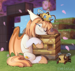 Size: 2142x2015 | Tagged: safe, artist:dorkmark, imported from derpibooru, oc, oc only, oc:honey milk, bat pony, bee, insect, pony, bat pony oc, bat wings, beehive, cheek fluff, cherry blossoms, coat markings, colored eyebrows, colored hooves, colored wings, cream coat, crossover, cuddling, cute, detailed background, ear fluff, ear tufts, eyes closed, fangs, female, floating heart, flower, flower blossom, freckles, grass, hair accessory, hairclip, heart, hock fluff, hooves, mane accessory, mane clip, mare, minecraft, minecraft bee, ocbetes, orange hooves, orange mane, orange tail, outdoors, partially open wings, socks (coat markings), solo, tail, tree, two toned wings, unshorn fetlocks, wings