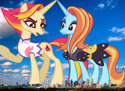 Size: 2048x1499 | Tagged: safe, artist:starryshineviolet, edit, editor:jaredking779, imported from derpibooru, fire flare, sassy saddles, pony, unicorn, alternate eye color, attack on pony, clothes, concave belly, dallas, dress, duo, duo female, eyeshadow, female, giant pony, giantess, highrise ponies, horn, irl, leotard, lidded eyes, macro, makeup, mare, open mouth, open smile, photo, ponies in real life, raised hoof, red eyes, saddle, smiling, standing, story included, tack, tall, texas, vulgar description, wrong eye color