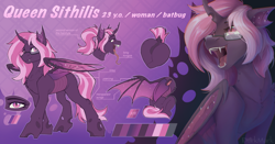 Size: 5715x3000 | Tagged: safe, artist:dorkmark, imported from derpibooru, oc, oc only, bat pony, changeling, changeling queen, hybrid, abstract background, bugbutt, butt, changeling oc, fangs, female, gradient background, hybrid oc, looking at you, maw, pink changeling, purple changeling, reference sheet, solo