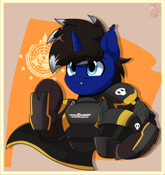 Size: 2733x2897 | Tagged: safe, artist:joaothejohn, imported from derpibooru, oc, oc only, oc:night reader, bat pony, pegasus, pony, semi-anthro, armor, bat pony oc, bat wings, cape, clothes, commission, ear fluff, earth, fanart, fangs, flag, game, helldivers 2, helmet, horn, looking up, male, multicolored hair, passepartout, pegasus oc, propaganda, salute, science fiction, skull, smiling, solo, wings, ych example, your character here