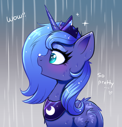 Size: 1952x2036 | Tagged: safe, artist:confetticakez, imported from derpibooru, princess luna, alicorn, pony, balancing, blushing, crown, cute, dialogue, female, horn, jewelry, lunabetes, mare, open mouth, peytral, ponies balancing stuff on their nose, profile, rain, rain drops, regalia, s1 luna, solo, sparkly eyes, wet, wing fluff, wingding eyes