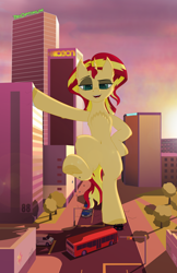 Size: 4000x6162 | Tagged: safe, artist:just rusya, imported from derpibooru, sunset shimmer, semi-anthro, unicorn, absurd resolution, bipedal, bus, car, chest fluff, city, crushing, eyebrows, fangs, featureless crotch, female, frog (hoof), horn, leaning, looking down, macro, open mouth, raised eyebrow, raised hoof, raised leg, skyscraper, smiling, solo, standing, standing on one leg, stomping, street, sunset, traffic light, underhoof, van