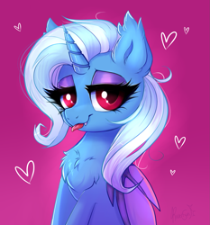 Size: 1563x1679 | Tagged: safe, artist:confetticakez, imported from derpibooru, trixie, alicorn, bat pony, bat pony alicorn, pony, alicornified, bat ponified, bat wings, bedroom eyes, chest fluff, cute, cute little fangs, diatrixes, ear fluff, eyeshadow, fangs, female, folded wings, gradient background, heart, horn, looking at you, makeup, mare, pink background, race swap, red eyes, simple background, solo, tongue out, trixiebat, trixiecorn, wings