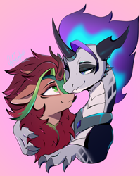 Size: 1720x2160 | Tagged: safe, artist:cmdrtempest, imported from derpibooru, oc, oc only, oc:aliset, oc:amethystflame, dragon, kirin, bust, cute, duo, female, gradient background, looking at each other, looking at someone, male, shy