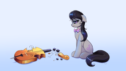 Size: 3840x2160 | Tagged: safe, artist:confetticakez, imported from derpibooru, octavia melody, earth pony, pony, bowtie, broken, cello, female, floppy ears, gradient background, high res, looking at something, mare, musical instrument, octavia's bowtie, profile, sad, side view, solo, tail, teary eyes, woobie