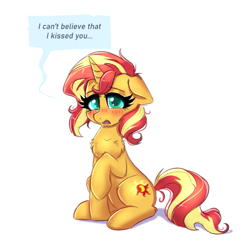 Size: 639x618 | Tagged: safe, artist:confetticakez, imported from derpibooru, sunset shimmer, pony, unicorn, blushing, chest fluff, dialogue, female, floppy ears, horn, looking at you, mare, open mouth, raised hoof, simple background, sitting, solo, speech bubble, tail, white background