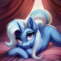 Size: 1536x1536 | Tagged: safe, imported from derpibooru, trixie, pony, unicorn, ai content, ai generated, ear fluff, female, fluffy, generator:stable diffusion, horn, looking at you, mare, prompter:seashell, smiling, smiling at you, solo, tail, two toned mane, two toned tail