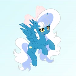 Size: 6890x6890 | Tagged: safe, artist:riofluttershy, imported from derpibooru, oc, oc only, oc:fleurbelle, alicorn, pony, alicorn oc, blue background, blue coat, blushing, bow, colored hooves, eyelashes, female, flying, green eyes, hair accessory, hair bow, hooves, horn, long mane, long tail, looking at you, mane accessory, mare, pink bow, raised hooves, simple background, smiling, smiling at you, solo, spread wings, tail, teal coat, teal hooves, two toned mane, two toned tail, wings, yellow eyes