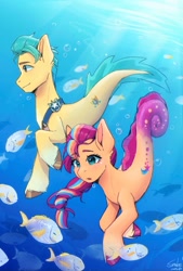 Size: 1378x2039 | Tagged: safe, artist:xiaowu07, idw, imported from derpibooru, hitch trailblazer, sunny starscout, earth pony, fish, seahorse, seapony (g4), beautiful, bubble, crepuscular rays, cute, digital art, dorsal fin, duo, duo male and female, ear fluff, eyebrows, eyebrows visible through hair, eyelashes, female, fin, fins, fish tail, flowing mane, flowing tail, g5, green mane, green tail, looking at something, looking down, male, mane stripe sunny, mare, my little pony: set your sail, ocean, open mouth, purple tail, scales, seaponified, seapony hitch trailblazer, seapony sunny starscout, sheriff's badge, signature, smiling, species swap, stallion, sunlight, swimming, tail, underwater, unshorn fetlocks, water