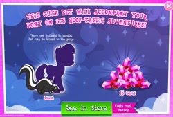 Size: 2021x1367 | Tagged: safe, imported from derpibooru, earth pony, pony, skunk, advertisement, ambiguous gender, animal, costs real money, cute, english, gameloft, gem, introduction card, mobile game, my little pony: magic princess, numbers, official, pet, sale, silhouette, text