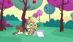 Size: 1920x1088 | Tagged: safe, imported from derpibooru, screencap, applejack, winona, dog, earth pony, pony, my little pony: pony life, apple, apple tree, bush, cute, food, hawthorne the third, sitting, tablet, terrorarium, tree, winonabetes