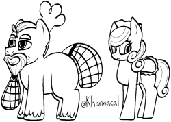 Size: 900x639 | Tagged: safe, artist:kharmacal, imported from derpibooru, oc, oc only, oc:grease wrapper, oc:prim feather, earth pony, chef's hat, clothes, duo, hair net, hat, lineart, maid, monochrome, simple background, white background