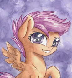 Size: 2223x2415 | Tagged: safe, artist:the-wizard-of-art, imported from derpibooru, part of a set, scootaloo, pegasus, pony, abstract background, blank flank, cute, cutealoo, eyebrows, female, filly, foal, grin, gritted teeth, high res, looking at you, raised hoof, smiling, smiling at you, solo, spread wings, teeth, traditional art, watercolor painting, wings