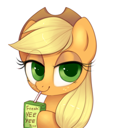 Size: 990x1117 | Tagged: safe, artist:confetticakez, imported from derpibooru, applejack, earth pony, pony, applejack's hat, bedroom eyes, bust, cowboy hat, cute, drink, drinking, drinking straw, eye clipping through hair, female, freckles, hat, hoof hold, jackabetes, juice, juice box, looking at you, mare, portrait, simple background, sipping, smiling, smiling at you, solo, straw, white background, yee yee